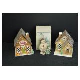 Christmas Decor Lot: 2 Gingerbread Houses & Snowman Figurine