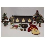 Christmas Decor Lot: Snowman, Primitive Trees, Ornaments & Tray
