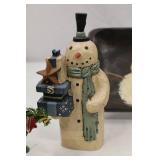 Christmas Decor Lot: Snowman, Primitive Trees, Ornaments & Tray