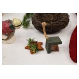 Christmas Decor Lot: Snowman, Primitive Trees, Ornaments & Tray