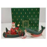 Pine Tree Lodge Santa in Canoe and Fish Figurine Set with Box