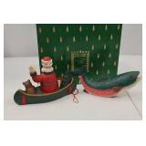 Pine Tree Lodge Santa in Canoe and Fish Figurine Set with Box