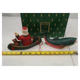 Pine Tree Lodge Santa in Canoe and Fish Figurine Set with Box