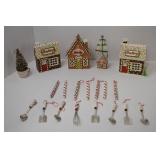 Christmas Gingerbread Village Ornaments Lot: Bakery Houses, Candy Canes, Mini Utensils