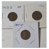 1913-S  XF,  1914,  1915-D  Pennies