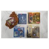 Lot of baseball Figurines, Catchers Mitt, and Trading Cards
