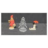 Vintage Holiday Decor Lot with Erzgebirge Snowman, Swedish Glass Tealight Tree, and Apple Girl Candle Holder & Red Metal Christmas Lantern with Tree Design