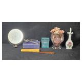 Vintage Vanity Set with Mirror, Perfume Bottles, Shaving Razor, and Decorative Boxes
