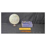 Vintage Vanity Set with Mirror, Perfume Bottles, Shaving Razor, and Decorative Boxes