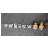 Set of 6 Vintage Glass Salt Cellars and Avon Rooster Salt and Pepper Shakers