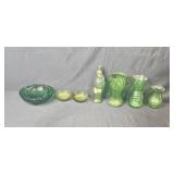 Collection of Vintage Green Glass Vases, Bowls, and Fish-Shaped Bottle