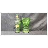 Collection of Vintage Green Glass Vases, Bowls, and Fish-Shaped Bottle