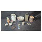Collection of Vintage Metal and Kitchen Utensils with Percolator, Grater, Sifter, and Molds