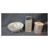 Collection of Vintage Metal and Kitchen Utensils with Percolator, Grater, Sifter, and Molds