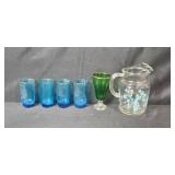 Glass Pitcher with Blue Tumblers and Green Goblet Set