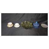 Vintage Tea Cups with Saucers, Green Glass Bowl, Blue Covered Candy Dish, and Footed Clear Glass Bowl Collection