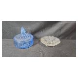 Vintage Tea Cups with Saucers, Green Glass Bowl, Blue Covered Candy Dish, and Footed Clear Glass Bowl Collection