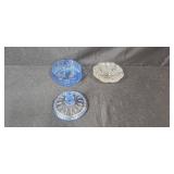 Vintage Tea Cups with Saucers, Green Glass Bowl, Blue Covered Candy Dish, and Footed Clear Glass Bowl Collection