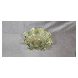 Vintage Tea Cups with Saucers, Green Glass Bowl, Blue Covered Candy Dish, and Footed Clear Glass Bowl Collection