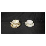 Vintage Tea Cups with Saucers, Green Glass Bowl, Blue Covered Candy Dish, and Footed Clear Glass Bowl Collection