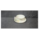 Vintage Tea Cups with Saucers, Green Glass Bowl, Blue Covered Candy Dish, and Footed Clear Glass Bowl Collection