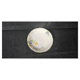 Vintage Tea Cups with Saucers, Green Glass Bowl, Blue Covered Candy Dish, and Footed Clear Glass Bowl Collection