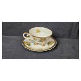 Vintage Tea Cups with Saucers, Green Glass Bowl, Blue Covered Candy Dish, and Footed Clear Glass Bowl Collection