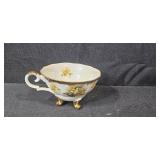 Vintage Tea Cups with Saucers, Green Glass Bowl, Blue Covered Candy Dish, and Footed Clear Glass Bowl Collection