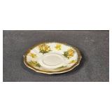 Vintage Tea Cups with Saucers, Green Glass Bowl, Blue Covered Candy Dish, and Footed Clear Glass Bowl Collection