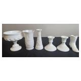 Set of Vintage White Milk Glass Vases and Candle Holders