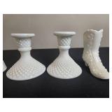 Set of Vintage White Milk Glass Vases and Candle Holders