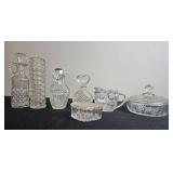 Collection of Vintage Pressed Glass Decanters, Vases, and Tableware