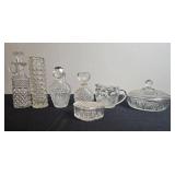 Collection of Vintage Pressed Glass Decanters, Vases, and Tableware