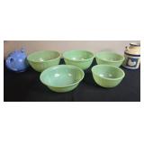 Collection of 5 Jadeite Green Glass Mixing Bowls, Blue Teapot, and Country Chicken Ceramic Jug