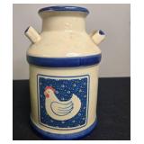 Collection of 5 Jadeite Green Glass Mixing Bowls, Blue Teapot, and Country Chicken Ceramic Jug