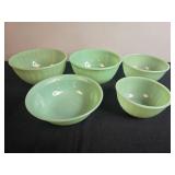 Collection of 5 Jadeite Green Glass Mixing Bowls, Blue Teapot, and Country Chicken Ceramic Jug