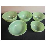 Collection of 5 Jadeite Green Glass Mixing Bowls, Blue Teapot, and Country Chicken Ceramic Jug