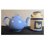 Collection of 5 Jadeite Green Glass Mixing Bowls, Blue Teapot, and Country Chicken Ceramic Jug