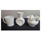 Collection of Vintage White Milk Glass Bowls, Vases, and Mug