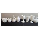 Set of Vintage White Hobnail Milk Glass Vases and Tableware