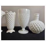 Set of Vintage White Hobnail Milk Glass Vases and Tableware