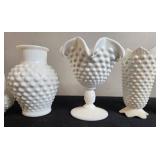 Set of Vintage White Hobnail Milk Glass Vases and Tableware