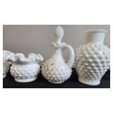 Set of Vintage White Hobnail Milk Glass Vases and Tableware