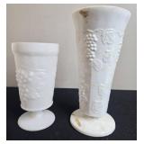 Set of Vintage White Milk Glass Vases with Grape Design