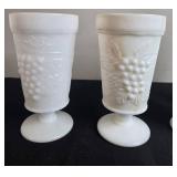 Set of Vintage White Milk Glass Vases with Grape Design