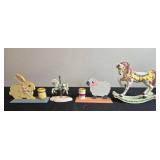 Collection of Vintage Nursery Decor, Hobnail Lamp, Carousel Ornaments, Baby Shoes, and Marbles