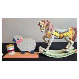 Collection of Vintage Nursery Decor, Hobnail Lamp, Carousel Ornaments, Baby Shoes, and Marbles