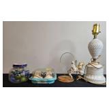 Collection of Vintage Nursery Decor, Hobnail Lamp, Carousel Ornaments, Baby Shoes, and Marbles