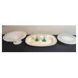 Vintage Milk Glass Pedestal Plate, Ceramic Platters, and Avon Emerald Accent Cordial Glasses Set