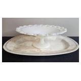 Vintage Milk Glass Pedestal Plate, Ceramic Platters, and Avon Emerald Accent Cordial Glasses Set